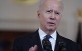 President Joe Biden speaks about a cease-fire between Israel and Hamas, in the Cross Hall of the White House, May 20, 2021, in Washington. (AP Photo/Evan Vucci)