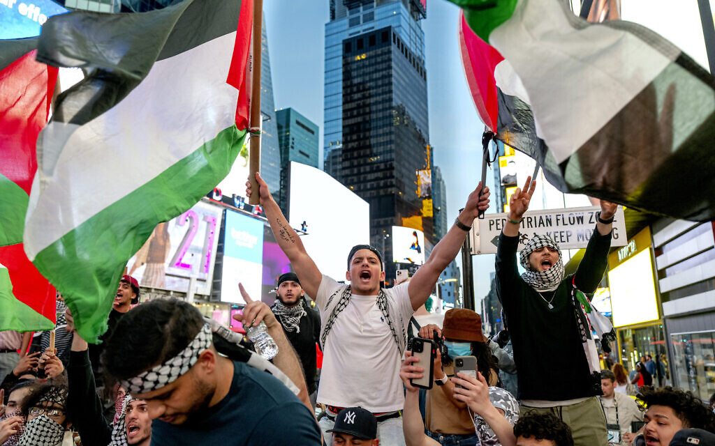 Illustrative: Pro-Palestinian marchers in New York, Thursday, on May 20, 2021. (AP Photo/Craig Ruttle) Illustrative: Pro-Palestinian marchers in New York, Thursday, on May 20, 2021. (AP Photo/Craig Ruttle)
