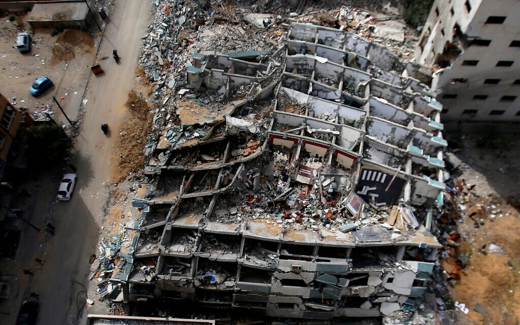 The destroyed building housing the offices of The Associated Press and other media, after it was hit last week by an Israeli airstrike, in Gaza City, May 21, 2021. (AP Photo/Hatem Moussa)