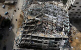 The destroyed building housing the offices of The Associated Press and other media, after it was hit last week by an Israeli airstrike, in Gaza City, May 21, 2021. (AP Photo/Hatem Moussa)