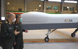Illustrative: Iranian Revolutionary Guard Commander Gen. Hossein Salami, left, and the Guard's aerospace division commander Gen. Amir Ali Hajizadeh talk while unveiling a new drone called 'Gaza,' in an undisclosed location in Iran, in a photo released on May 22, 2021. (Sepahnews of the Iranian Revolutionary Guard, via AP)