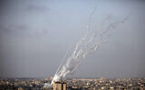 Rockets are launched from the Gaza Strip towards Israel, on May 10, 2021. (AP Photo/Khalil Hamra)