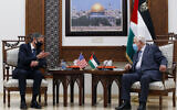 Palestinian Authority President Mahmoud Abbas, right, meets with US Secretary of State Antony Blinken, in the West Bank city of Ramallah, on May 25, 2021. (Majdi Mohammed/AP)