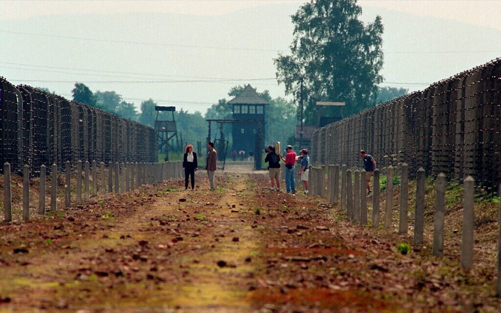 Filming the 1998 Holocaust documentary 'The Last Days' in Auschwitz-Birkenau. (Courtesy)