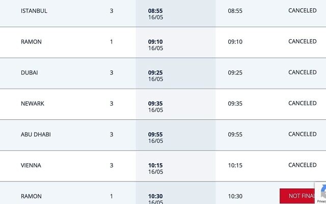 Screen capture for the arrivals flight board at Ben Gurion Airport, May 16, 2021. (Ben Gurion Airport) Screen capture for the arrivals flight board at Ben Gurion Airport, May 16, 2021. (Ben Gurion Airport)