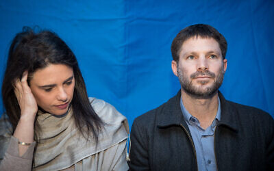 Ayelet Shaked and Bezalel Smotrich visit at a protest tent of settler leaders, outside the Prime Ministers Office in Jerusalem, February 6, 2020. (Yonatan Sindel/Flash90)