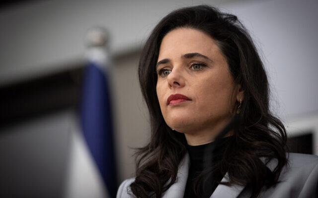 Yamina MK Ayelet Shaked at the President's Residence in Jerusalem on April 5, 2021, after meeting with President Reuven Rivlin for consultations on which lawmaker should form the next government. (Yonatan Sindel/Flash90) Yamina MK Ayelet Shaked at the President's Residence in Jerusalem on April 5, 2021, after meeting with President Reuven Rivlin for consultations on which lawmaker should form the next government. (Yonatan Sindel/Flash90)