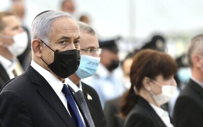 Prime Minister Benjamin Netanyahu at a ceremony marking Memorial Day for Israel's fallen soldiers and victims of terror, at Yad Labanim in Jerusalem on April 13, 2021. (Marc Israel Sellem/Pool/Flash90)