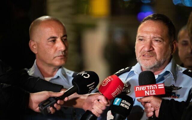 Police Commissioner Kobi Shabtai, right, meets with press near Damascus Gate in Jerusalem on April 24, 2021. (Yonatan Sindel/Flash90) Police Commissioner Kobi Shabtai, right, meets with press near Damascus Gate in Jerusalem on April 24, 2021. (Yonatan Sindel/Flash90)