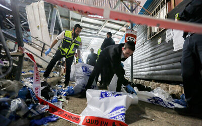 Rescue forces and police at the scene after a mass fatality scene during the celebrations of the Jewish holiday of Lag B'Omer on Mount Meron, in northern Israel on April 30, 2021. (David Cohen/Flash90)