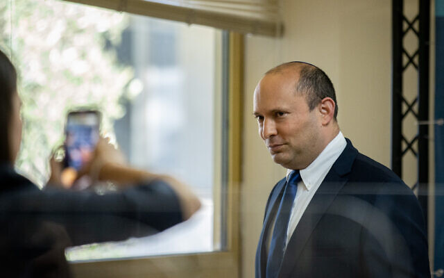 Head of the Yamina party Naftali Bennett gives a press conference at the Knesset, the Israeli parliament in Jerusalem, on May 5, 2021 (Yonatan Sindel/Flash90) Head of the Yamina party Naftali Bennett gives a press conference at the Knesset, the Israeli parliament in Jerusalem, on May 5, 2021 (Yonatan Sindel/Flash90)