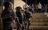Israeli police officers seen during clashes with protesters at Damascus Gate in Jerusalem's Old City, May 8, 2021. (Olivier Fitoussi/Flash90)