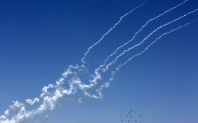 Rockets fired toward Israel from the southern Gaza Strip on May 12, 2021 (Abed Rahim Khatib/Flash90) Rockets fired toward Israel from the southern Gaza Strip on May 12, 2021 (Abed Rahim Khatib/Flash90)