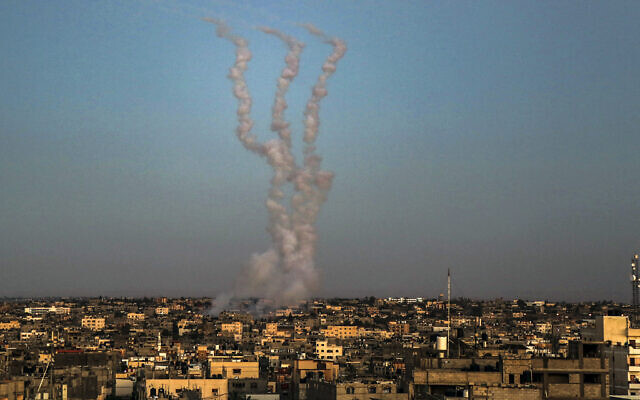 Rockets are launched towards Israel from Rafah in the southern Gaza Strip on May 14, 2021. (Abed Rahim Khatib/Flash90) Rockets are launched towards Israel from Rafah in the southern Gaza Strip on May 14, 2021. (Abed Rahim Khatib/Flash90)