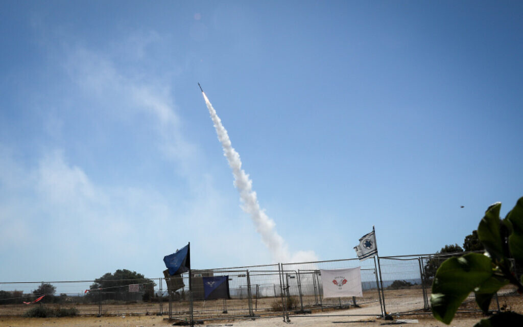 The Iron Dome anti-missile system fires interceptor missiles at rockets fired from the Gaza Strip to Israel, in the southern city of Ashkelon, May 19, 2021 (Olivier Fitoussi/Flash90)