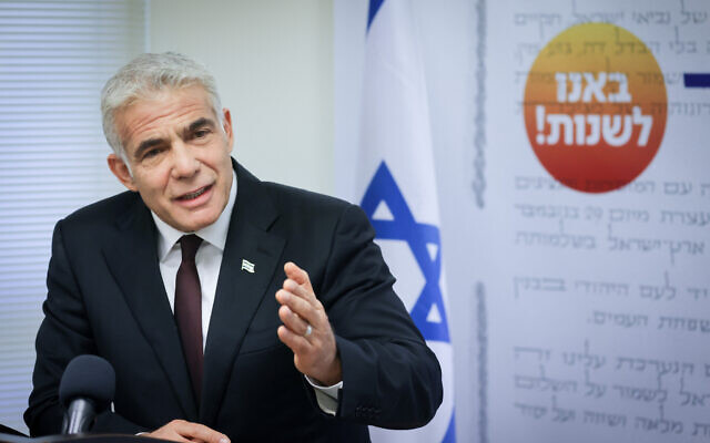Yesh Atid party chief Yair Lapid leads a faction meeting at the Knesset on May 24, 2021. (Olivier Fitoussi/Flash90) Yesh Atid party chief Yair Lapid leads a faction meeting at the Knesset on May 24, 2021. (Olivier Fitoussi/Flash90)