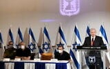 Prime Minister Benjamin Netanyahu addresses Israel after unprecedented Hamas rocket fire on central Israel, May 11, 2021. Also present, from left: IDF chief of staff Aviv Kohavi; Defense Minister Benny Gantz and Shin Bet chief Nadav Argaman (Amos Ben-Gershom / GPO)