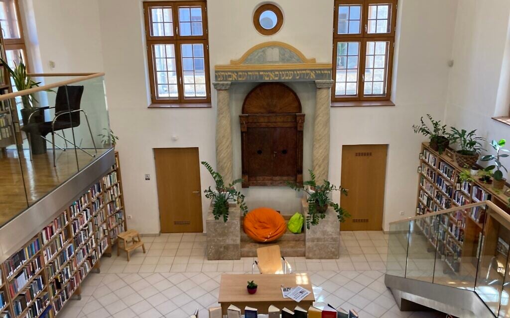 Interior of the Baroque style synagogue of Nagyteteny, which now serves as a public library. The holy Ark remains embedded in the eastern wall, May 11, 2021. (Yaakov Schwartz/ Times of Israel)