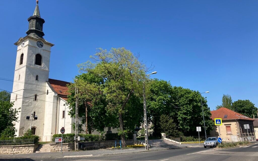A church one of of the main streets in the small township of Nagyteteny, which is now a part of Budapest's 22nd district, May 11, 2021. (Yaakov Schwartz/ Times of Israel)