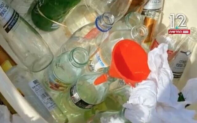 Bottles apparently prepared for use as Molotov cocktails by Jewish right-wing extremists for an attack on Palestinian workers near Afula, May 2021. (Screenshot: Channel 12 news) Bottles apparently prepared for use as Molotov cocktails by Jewish right-wing extremists for an attack on Palestinian workers near Afula, May 2021. (Screenshot: Channel 12 news)