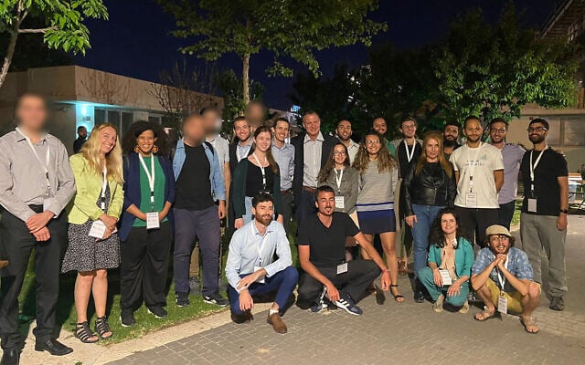 Participants of the joint Israeli-Arab-Palestinian "tech-pitch" event in Jerusalem organized by JVP. The images of some of the participants are blurred to protect their identity and security (Courtesy) Participants of the joint Israeli-Arab-Palestinian "tech-pitch" event in Jerusalem organized by JVP. The images of some of the participants are blurred to protect their identity and security (Courtesy)