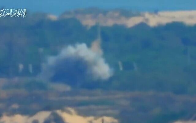 A screenshot of a video released by the Hamas terror group showing an anti-tank missile hitting an IDF bus near the Gaza border, May 20, 2021. (Screen capture: Twitter) A screenshot of a video released by the Hamas terror group showing an anti-tank missile hitting an IDF bus near the Gaza border, May 20, 2021. (Screen capture: Twitter)