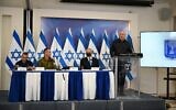 From left: Shin Bet chief Nadav Argaman, IDF chief Aviv Kohavi, Prime Minister Benjamin Netanyahu and Defense Minister Benny Gantz, at a press conference after the Gaza ceasefire, at military headquarters in Tel Aviv on May 21, 2021. (Tal Oz/Defense Ministry)