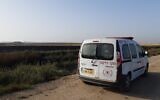 A Fire and Rescue Services vehicle is parked next to a field that was burnt by a suspected balloon-borne incendiary device from the Gaza Strip on May 31, 2021. (Fire and Rescue Services)