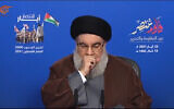 Hezbollah leader Hasan Nasrallah coughs during a May 25, 2021, address (Twitter screenshot)