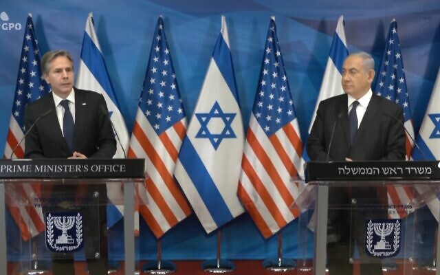 US Secretary of State Antony Blinken speaks alongside Prime Minister Benjamin Netanyahu at the Prime Minister's Office in Jerusalem on May 25, 2021 (Screen capture) US Secretary of State Antony Blinken speaks alongside Prime Minister Benjamin Netanyahu at the Prime Minister's Office in Jerusalem on May 25, 2021 (Screen capture)