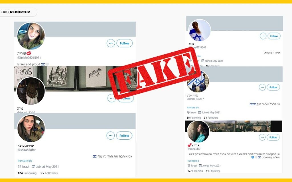Suspected fake media accounts by foreign actors impersonating Israelis that were called out by Israel's Fake Reporter organization (Courtesy) Suspected fake media accounts by foreign actors impersonating Israelis that were called out by Israel's Fake Reporter organization (Courtesy)