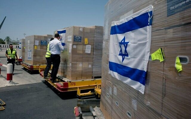 Aid ready to be loaded onto an Indian Air Force plane at Ben Gurion Airport before it is sent to the virus-wracked country, May 8, 2021 (Foreign Ministry) Aid ready to be loaded onto an Indian Air Force plane at Ben Gurion Airport before it is sent to the virus-wracked country, May 8, 2021 (Foreign Ministry)