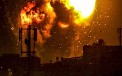 An Israeli airstrike on a terror target in the Gaza Strip, May 16, 2021. (Abed Rahim Khatib/Flash 90 via JTA)