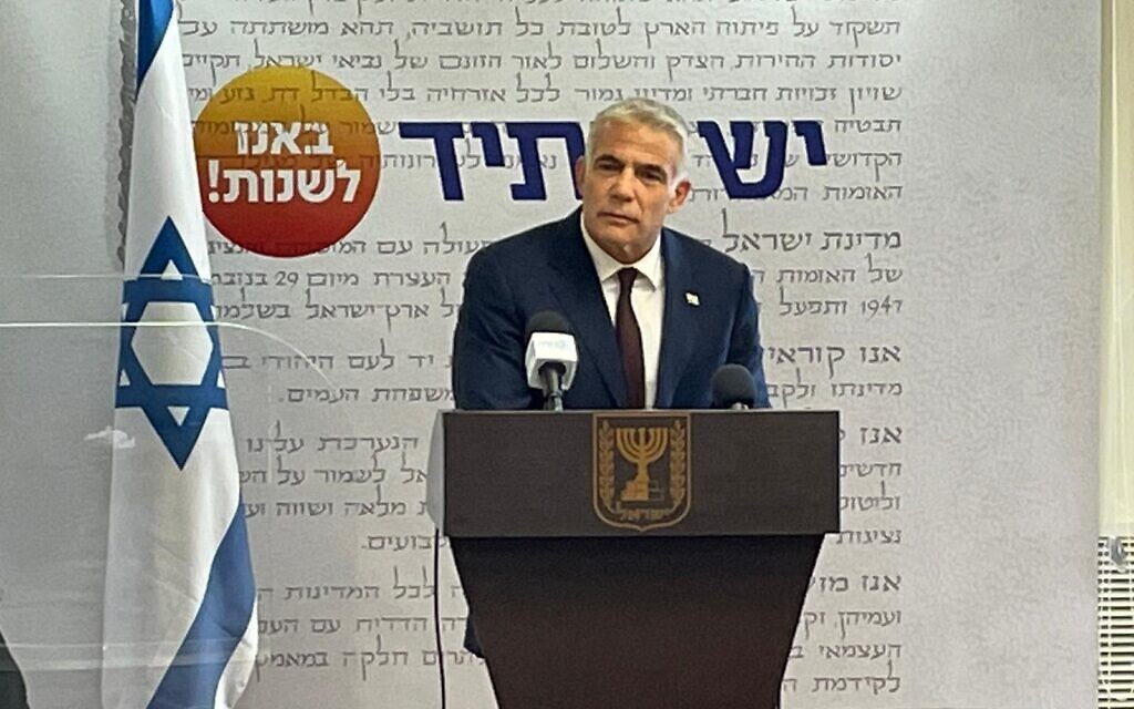 Yesh Atid leader Yair Lapid speaks during a news conference in Tel Aviv, May 6, 2021 (Courtesy)