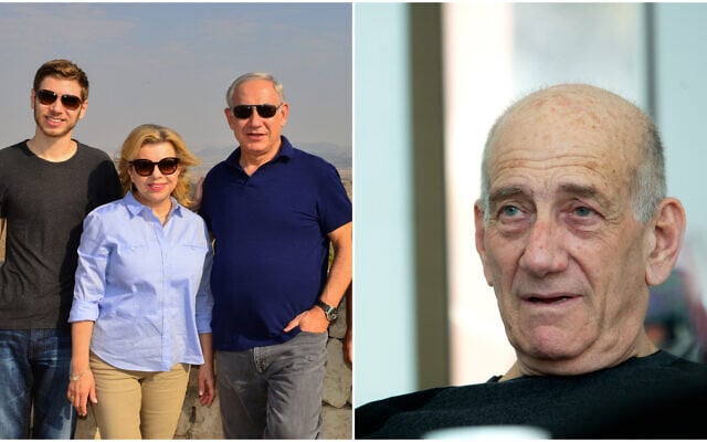 Prime Minister Benjamin Netanyahu, his wife Sara, and their son Yair (L); former prime minister Ehud Olmert (R). (Flash90) Prime Minister Benjamin Netanyahu, his wife Sara, and their son Yair (L); former prime minister Ehud Olmert (R). (Flash90)