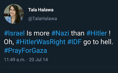 A screen capture of a tweet from 2014 by BBC journalist Tala Halawa in which she wrote 'Hilter was right' and that Israel is 'more Nazi than Hilter.' (Twitter via JTA)