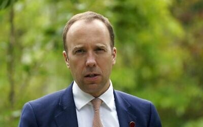 Britain's Health Secretary Matt Hancock speaks at Mansfield College, Oxford University, Oxford, on June 4, 2021. (Steve Parsons/Pool/AFP)