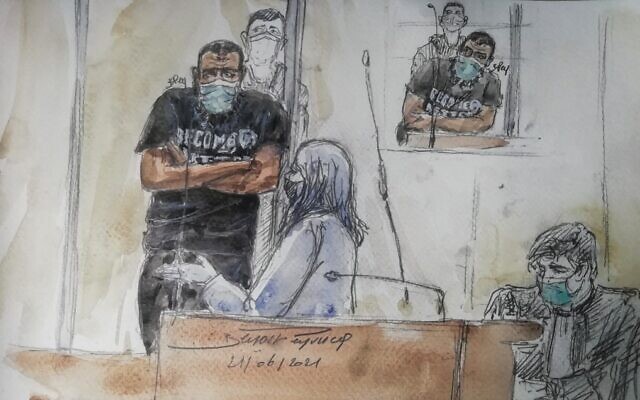 This court-sketch made in Paris on June 21, 2021, shows Abdalla El Hamahmi, who launched a machete-wielding attack at four French soldiers outside the Louvre Museum's entrances in 2017, standing during his trial at a Paris courthouse. (Benoit Peyrucq/AFP) This court-sketch made in Paris on June 21, 2021, shows Abdalla El Hamahmi, who launched a machete-wielding attack at four French soldiers outside the Louvre Museum's entrances in 2017, standing during his trial at a Paris courthouse. (Benoit Peyrucq/AFP)