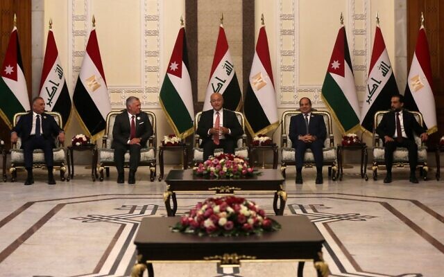 Iraqi President Barham Saleh (C), Prime Minister Mustafa Al-Kazemi (L) and Parliament Speaker Muhammad Al-Halbousi (R) receive Egypt's President Abdel Fattah al-Sisi (2-R), and Jordan's King Abdullah II (2-L), in the capital Baghdad on June 27, 2021, in the first visit by an Egyptian head of state to Baghdad in three decades. (AHMAD AL-RUBAYE/AFP) Iraqi President Barham Saleh (C), Prime Minister Mustafa Al-Kazemi (L) and Parliament Speaker Muhammad Al-Halbousi (R) receive Egypt's President Abdel Fattah al-Sisi (2-R), and Jordan's King Abdullah II (2-L), in the capital Baghdad on June 27, 2021, in the first visit by an Egyptian head of state to Baghdad in three decades. (AHMAD AL-RUBAYE/AFP)