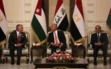 Iraqi President Barhah Saleh (C) receives his Egyptian counterpart Abdel-Fattah el-Sissi (R), and Jordan's King Abdullah II, in the capital Baghdad on June 27, 2021. (AHMAD AL-RUBAYE/AFP)