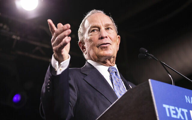 Mike Bloomberg speaks at a campaign rally in Nashville, Tennessee, February 12, 2020. (Brett Carlsen/Getty Images via JTA) Mike Bloomberg speaks at a campaign rally in Nashville, Tennessee, February 12, 2020. (Brett Carlsen/Getty Images via JTA)