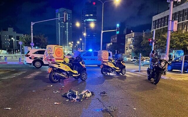 The scene of a deadly traffic accident involving an electric bike in Tel Aviv, June 19, 2021 (Magen David Adom) The scene of a deadly traffic accident involving an electric bike in Tel Aviv, June 19, 2021 (Magen David Adom)