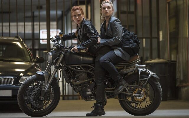 Scarlett Johansson, left, and Florence Pugh in 'Black Widow.' (Jay Maidment/Marvel Studios/All rights reserved)