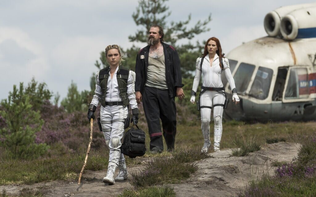 From left: Florence Pugh, David Harbour, and Scarlett Johansson in 'Black Widow.' (Jay Maidment/Marvel Studios/All rights reserved)