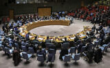 Illustrative: Members of the United Nations Security Council, with visiting German Foreign Minister Heiko Maas, convene a meeting on the nuclear non-proliferation treaty, February 26, 2020, at UN headquarters. (AP Photo/ Bebeto Matthews)