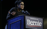 Stand-up comedian and actress Sarah Silverman talks about Democratic presidential candidate Sen. Bernie Sanders, I-Vt., at a campaign event at Los Angeles Convention Center in Los Angeles Sunday, March 1, 2020. (AP Photo/Damian Dovarganes)
