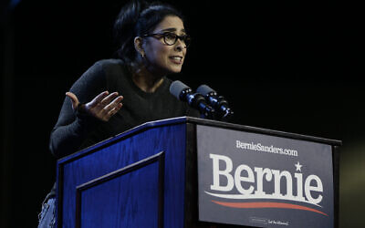 Stand-up comedian and actress Sarah Silverman talks about Democratic presidential candidate Sen. Bernie Sanders, I-Vt., at a campaign event at Los Angeles Convention Center in Los Angeles Sunday, March 1, 2020. (AP Photo/Damian Dovarganes)