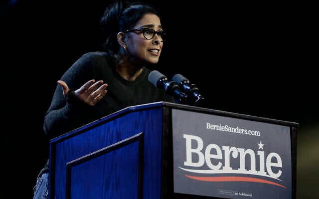 Stand-up comedian and actress Sarah Silverman talks about Democratic presidential candidate Sen. Bernie Sanders, I-Vt., at a campaign event at Los Angeles Convention Center in Los Angeles Sunday, March 1, 2020. (AP Photo/Damian Dovarganes) Stand-up comedian and actress Sarah Silverman talks about Democratic presidential candidate Sen. Bernie Sanders, I-Vt., at a campaign event at Los Angeles Convention Center in Los Angeles Sunday, March 1, 2020. (AP Photo/Damian Dovarganes)