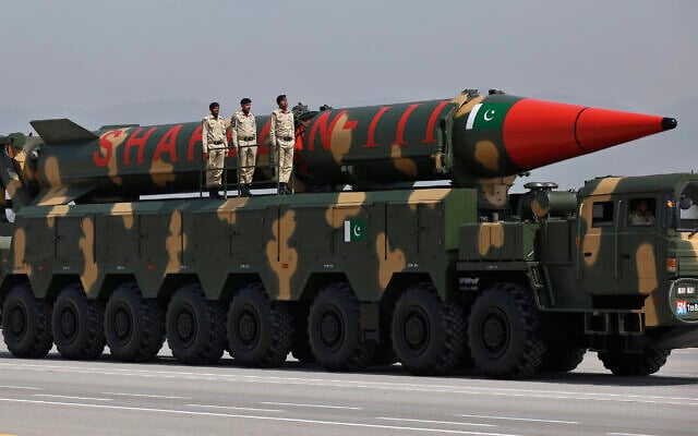 A Pakistani-made Shaheen-III missile, that is capable of carrying nuclear warheads, is carried on a trailer during a military parade in connection with Pakistan National Day celebrations, in Islamabad, Pakistan, March 25, 2021. (Anjum Naveed/AP) A Pakistani-made Shaheen-III missile, that is capable of carrying nuclear warheads, is carried on a trailer during a military parade in connection with Pakistan National Day celebrations, in Islamabad, Pakistan, March 25, 2021. (Anjum Naveed/AP)
