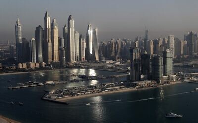 A general view of the Marina district towers is seen from the observation deck of 'The View at The Palm Jumeirah' in Dubai, United Arab Emirates, on April 6, 2021. (AP Photo/Kamran Jebreili)